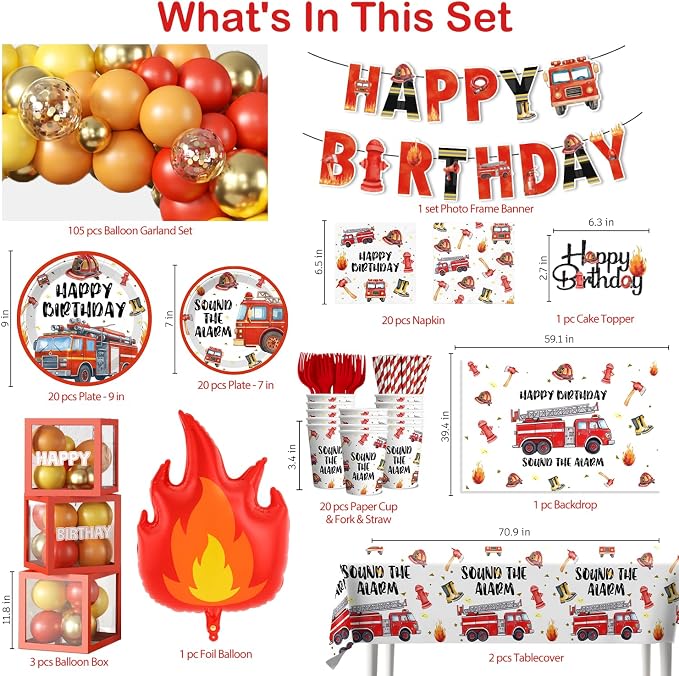 234pcs Firetruck Birthday Decorations, All-in-one Set Includes 300gsm Paper Plates Waterproof Plastic Tablecloth and 105 Balloons, Fire Truck Birthday Decorations for Firefighter Party