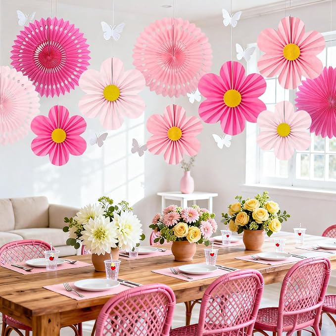 Pink Party Decorations, 12PCS Paper Fans Flowers Wall Backdrop for Wedding, Birthday, Baby Shower, Bridal Shower, Nursery, Indoor Outdoor Classroom Decor