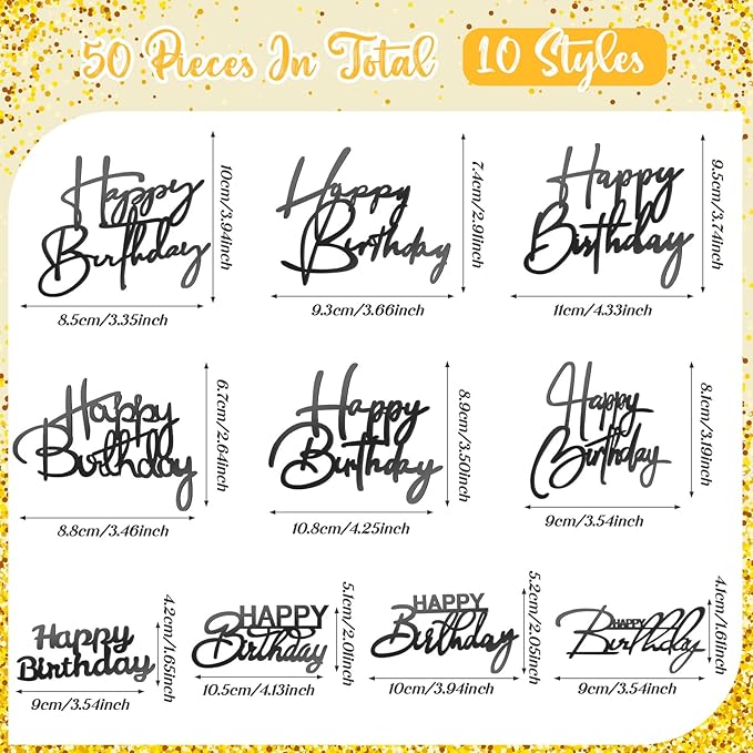 Barydat 50 Pcs Happy Birthday Cake Toppers Bulk Mirror Acrylic Cupcake Topper Cupcake Decorations Happy Birthday Sign for Cake Side Inserts Decor Party Supplies 10 Style(Black)