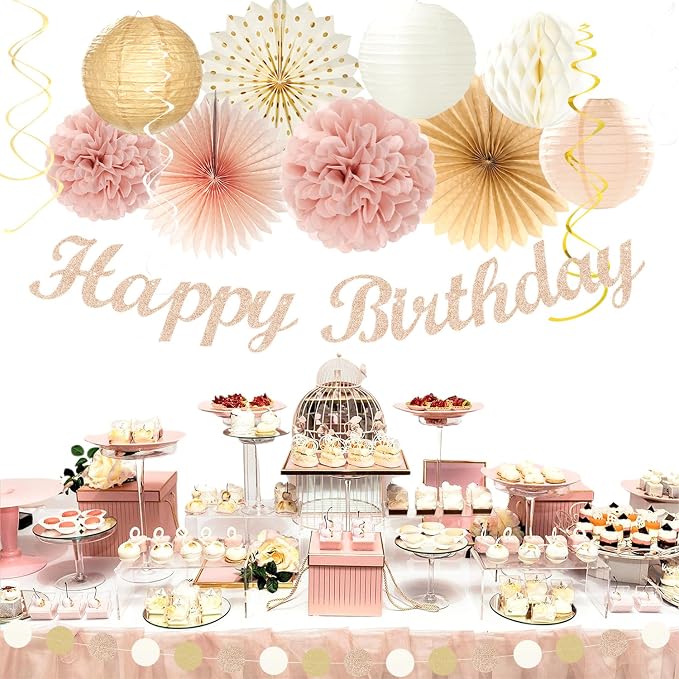 Beige Champagne Rose Gold Women-Girls Birthday Decorations - 21pcs Fall Boho Party Happy Banner, Peach Streamers,Paper Lanterns,Pom Poms Fans 16th 18th 20th 21st 30th Birthday Rustic Backdrop Huglony