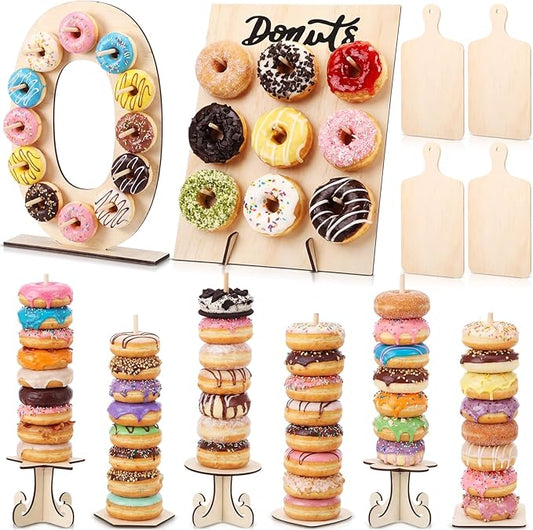 Lallisa 12 Pcs Wooden Donut Stand Set Number 0 Donut Display Stand 1 Doughnut Wall Display 4 Mini Charcuterie Boards 6 Doughnut Holder Tower for Dessert Table Birthday Wedding Baby Shower Party Deocr