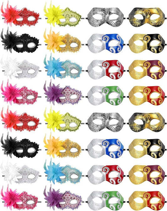 Sratte Mardi Gras Couple Masquerade Mask with Feather Flower Unisex Half Face Venetian Mask for Carnival Parade Valentine