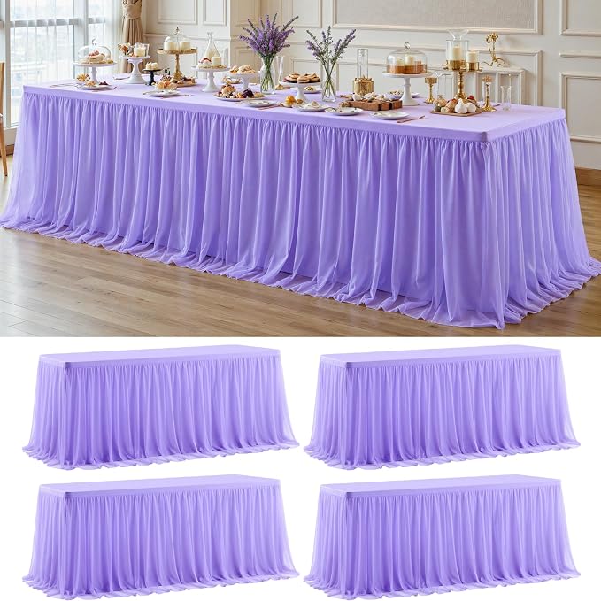 4 Pack Lavender Tulle Tablecloths with Skirt for 8 Foot Rectangle Tables Party Ruffle Tutu Tablecloth 8FT Stretch Fitted Table Cover for Wedding Reception Birthday Baby Shower Celebration Banquet
