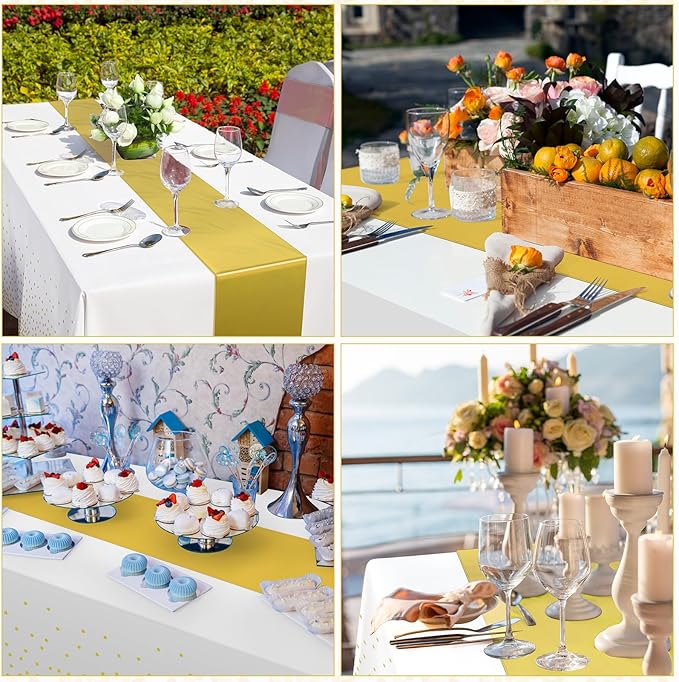 12 Pack White and Gold Tablecloth and Table Runner Set Party Decorations, White and Yellow Gold Plastic Disposable Tablecloth and Satin Table Runner for Wedding Birthday Graduation Anniversary Party