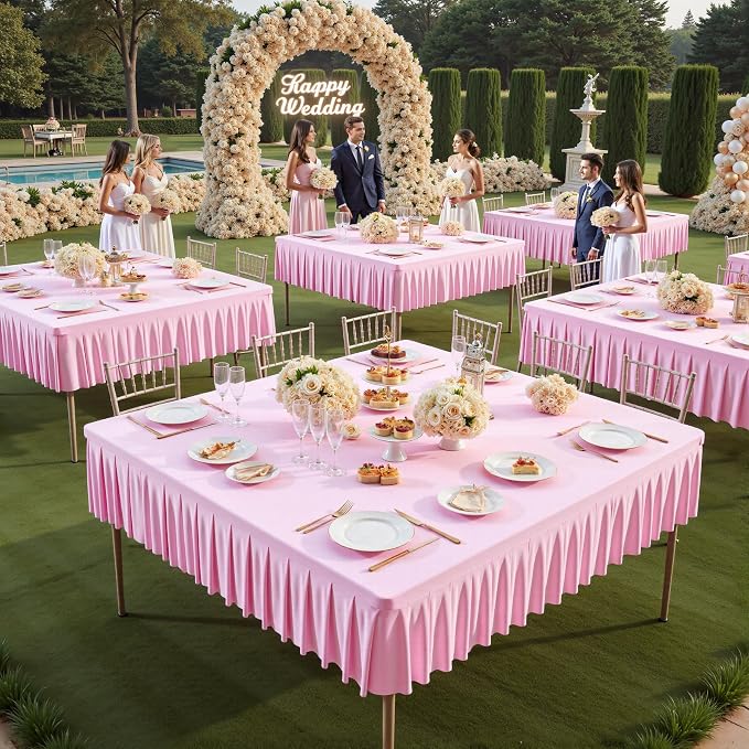 Wish Care Pink Spandex Tablecloths for 60x60 Inch Square Tables, Stretch Fitted Table Clothes with Pleated Ruffle Skirt for 60” Table, Wrinkle Free and Elastic, for Party Kitchen Home Dining