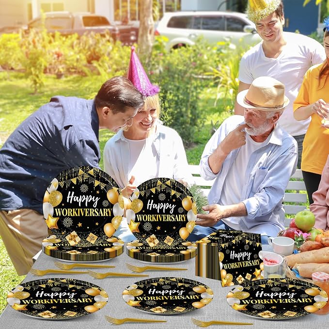 Justforjoyful 96Pcs Happy Work Anniversary Party Supplies Black Gold Happy Workiversary Tableware Dinnerware Set Worker Appreciation Plates Napkins Decorations for Women Men Office Employee Worker