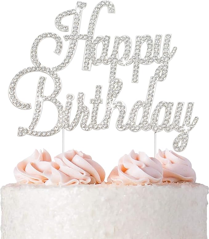 Happy Birthday Cake Topper - Premium Silver Metal - Happy Birthday Party Sparkly Rhinestone Decoration Makes a Great Centerpiece - Now Protected in a Box