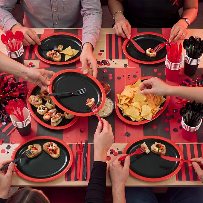 Pajean 350 Pcs Red and Black Party Decorations 12 in Disposable Oval Plates and Napkins Black and Red Heavy Duty Paper Tableware Set for 50 Guests Birthday Baby Shower Wedding Fiesta Party Supplies