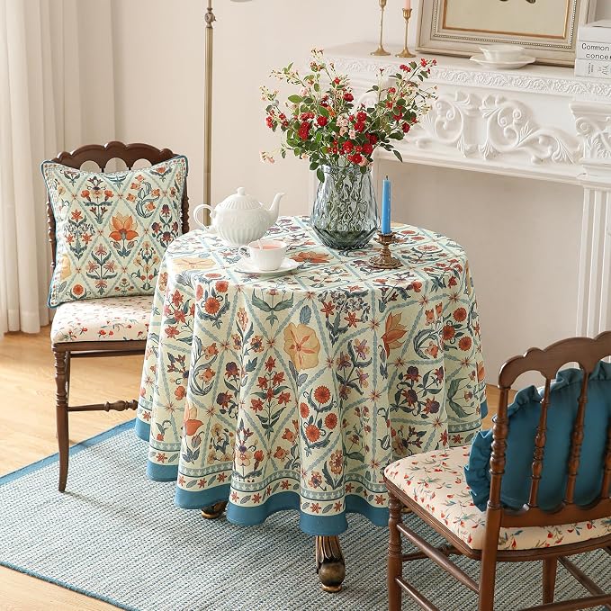 ISAENNE Designer Elegant Round Linen Tablecloth,Diameter 55"-Floralsea A | French Vintage Table Cloth,Colorful Floral Pattern,Beautiful,Decoration,Heavyweight,Dining Room,Kitchen,Thanksgiving