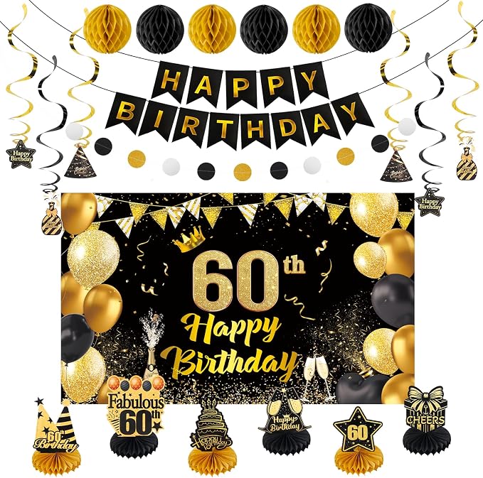 Happy 60th Birthday Party Decoration: Including Birthday Banner Backdrop, Party Table Centerpieces and Hanging Swirl Party Streamers, Birthday Decor for Men and Women (Gold/Black, 60th Birthday)