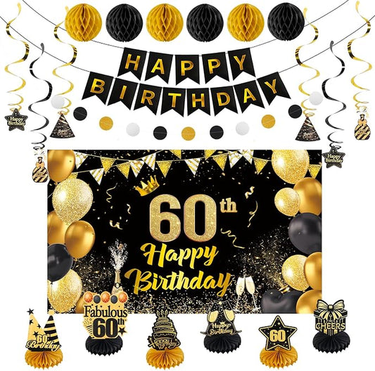 Happy 60th Birthday Party Decoration: Including Birthday Banner Backdrop, Party Table Centerpieces and Hanging Swirl Party Streamers, Birthday Decor for Men and Women (Gold/Black, 60th Birthday)