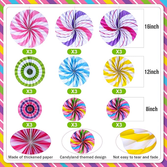 Outus Hanging Paper Fans Decorations Candy Party Classroom Decoration Colorful Peppermint Candy Paper Fan Ceiling Wall Garland for Candyland Themed Birthday Party Supplies(27 Pcs,Classic)