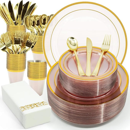 AIRE 350PCS Pink Gold Plastic Plates for Party Dinnerware Sets for 50 Guests, Disposable Plastic Party Supplies Plates, Cups, Spoons, Forks, Knives, Napkins for Wedding Birthday BBQ Christmas Parties