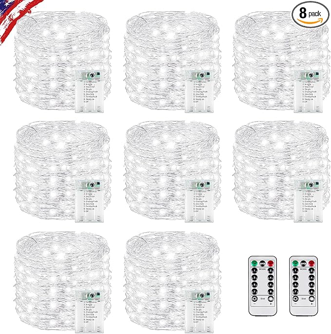 8 Pack Total 160FT 480LED Fairy Lights Battery Operated with Rmote, Waterproof Twinkle Lights with Timer Indoor Outdoor, Cuttable String Light for Bedroom, Classroom, Christmas Decor, Cool White