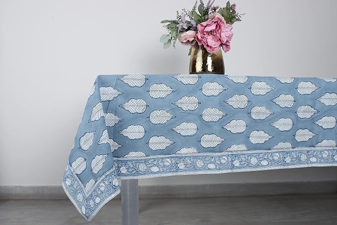 Ridhi Stone Blue Hand Block Print Cotton Rectangle Tablecloth 120" x 80" inches Reusable Table Cover Decorative Everyday Use for Dining Room, Farmhouse, Home Gift for Spring, Mother's Day