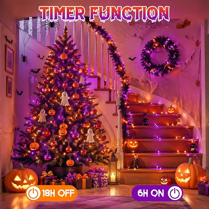 Purple & Orange Halloween Lights, 95ft 240Led 13 Modes String Lights Plug in, Twinkle Light with Timer Indoor/Outdoor for Tree Party Halloween Decorations
