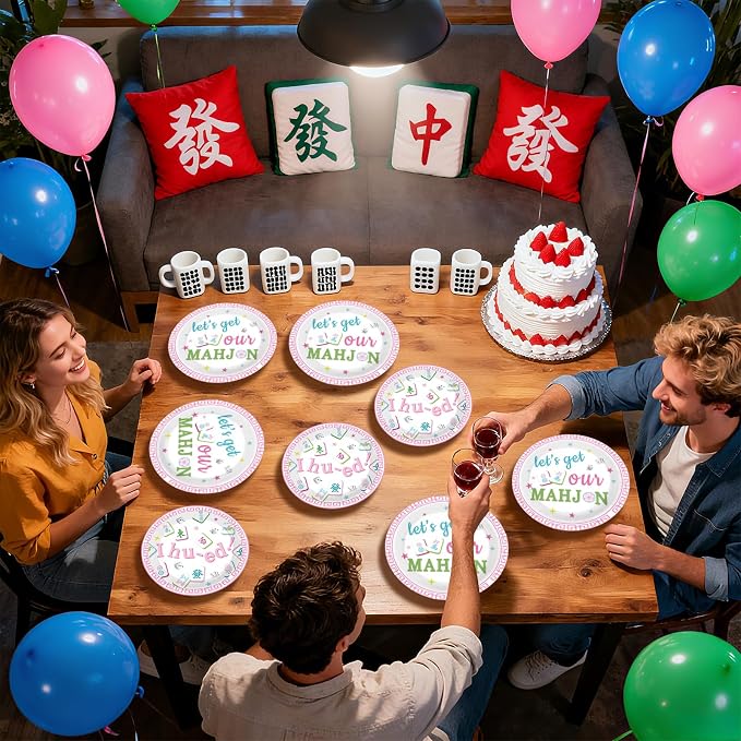 96Pcs Mahjong Party Supplies Mahjong Chinese Game Plates and Napkins Pastel Pink Green Tableware Set for Special Events Mah-Jong Game Night Girls Bachelorette Bridal Shower Birthday Supplies Serves 24