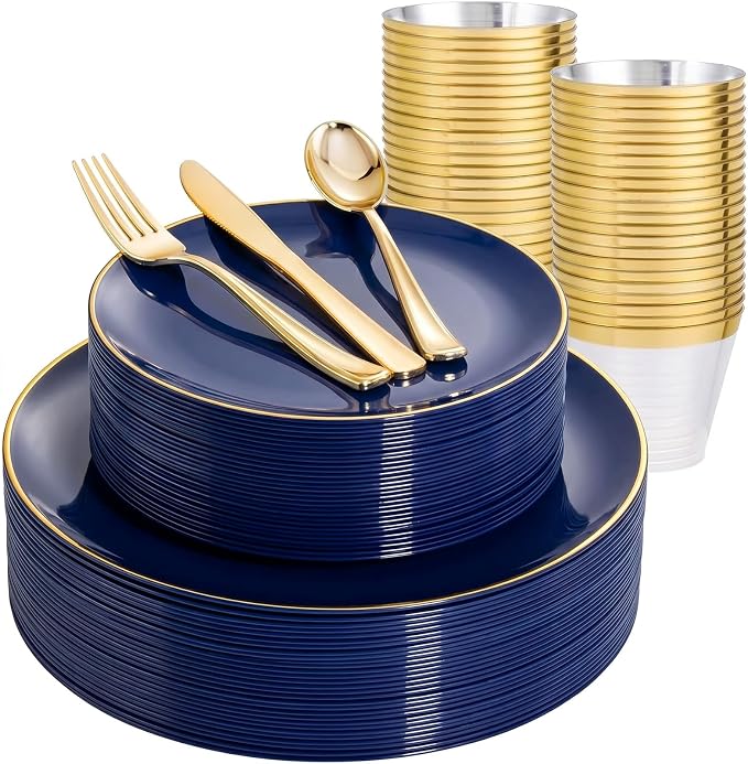 WDF 150pcs Blue plastic Plates - Navy Blue Plates Disposable 25guest Disposable Dinnerware Sets for Party/Wedding/Birthday