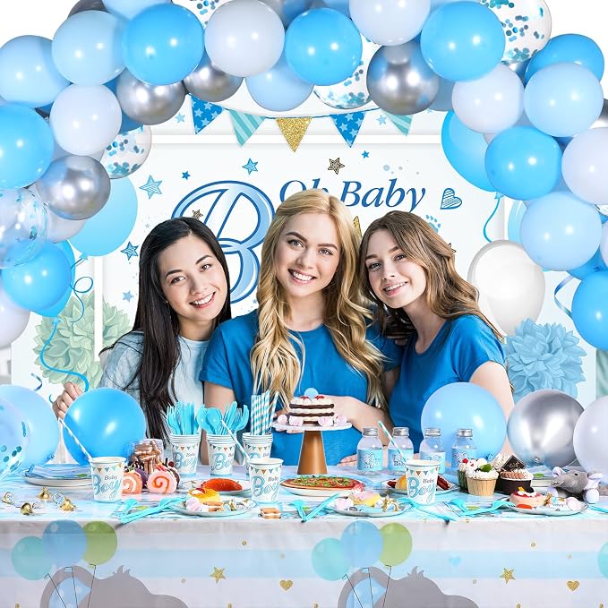 Chengu 194 Pcs Elephant Baby Shower Party Supplies - Blue It's a Boy Backdrop Banner, Tablecloth, Tableware & Balloons Party Decorations for Baby Showers Gender Reveal(Boy Style)