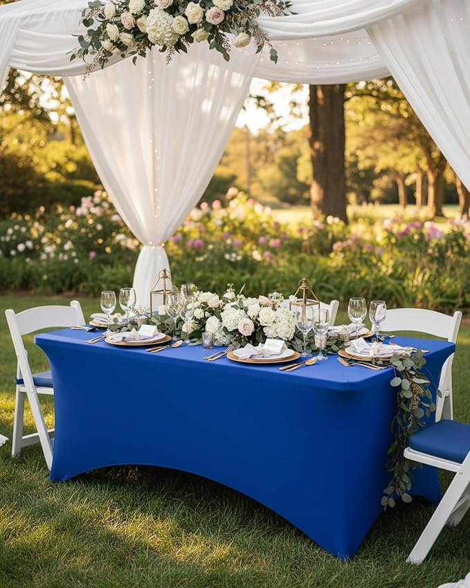 Fixwal Royal Blue Stretch Table Cloth Rectangle 2 Pack 4Ft, Spandex Fitted Table Covers Washable for Party, Trade Show, Banquet, Wedding, Buffet