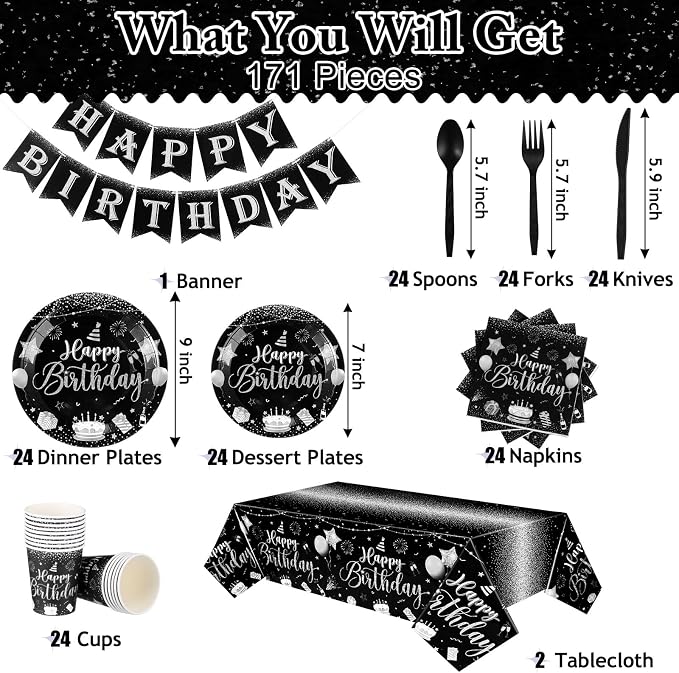 Vesici 171 Pcs Happy Birthday Party Supplies 24 Set Disposable Party Tableware include Plates Cups Napkins Cutlery and Banner Tablecloth Birthday Dinner Decorations for Men Woman(Black, Silver)