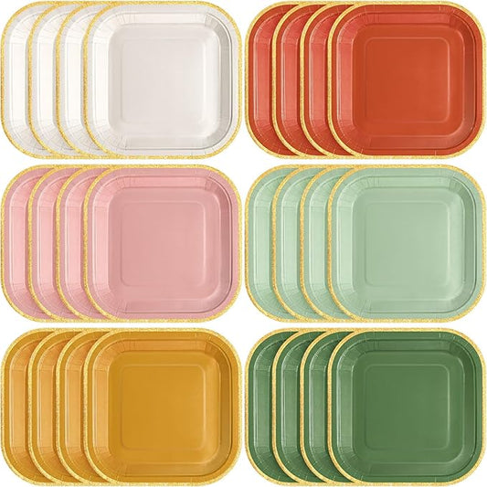 60 Pcs Boho Colorful Paper Plates 7 Inch Gradient Disposable Square Dessert Party Plates with Gold Edge for Birthday Wedding Bridal Baby Shower Party Supplies, 6 Colors