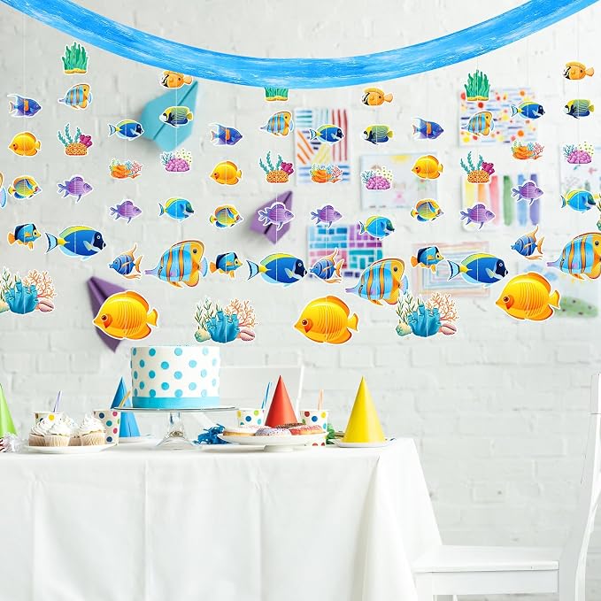 Ctosree Ocean 25 Pcs Tropical Fish Party Decoration Bulk 12 ft Ocean Waves Banner Ceiling Decor Under The Sea Party Decoration with 24 Pcs Tropical Fish Banner for Under The Sea School Classroom Decor