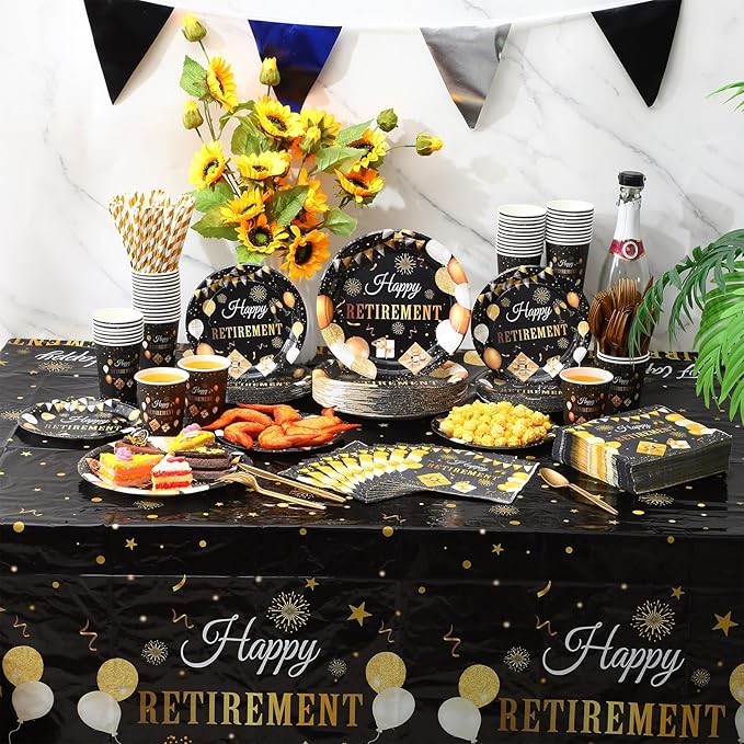 Funnymoom 452 Pcs Happy Retirement Party Decorations Men for 50 Guests, Black Gold Retirement Paper Plates and Napkins Cups Tablecloth Cutlery Straws Disposable Tableware Party Supplies for Men Women