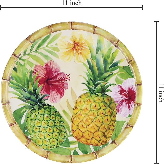 UP UPware Pineapple Melamine Dinner Plate Set, Round Plates with Bamboo Edge for Main course, Pasta, and Salad, BPA-Free, Dishwasher Safe, Multicolor, 11 Inch, Set of 6