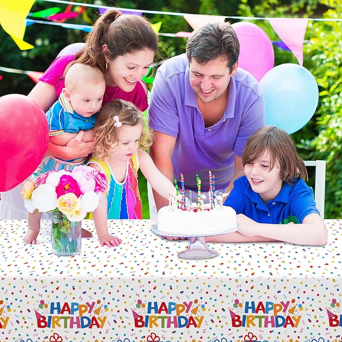 NatNarr 6 Pack Plastic Birthday Tablecloth, 54 x 108 Inch Disposable PE Happy Birthday Party Tablecloths Waterproof Rectangle Party Table Cover for Birthdays Parties Decor