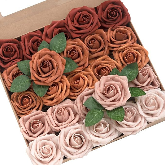 Ling's moment Artificial Flowers, 25Pcs 3" Roses in Amber Shades, Realistic DIY Foam Floral Decor for Wedding Bouquets/Centerpieces, Outdoor Party Backdrops, Room/Table, and Garden/Pot Decorations