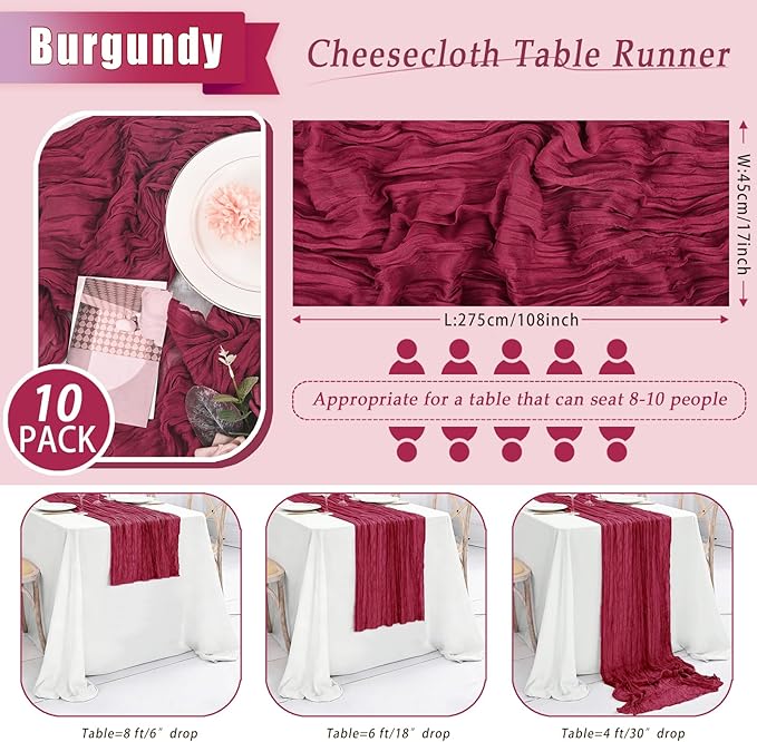 10 Pack Burgundy Cheesecloth Table Runner 17x108 Inch Semi Sheer Boho Rustic Gauze Cheese Cloth Table Runners for Wedding Party Birthday Baby Shower Home Décor