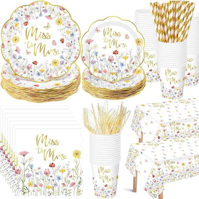Funnymoom 452 Pcs Wildflower Bridal Shower Party Decorations for 50, Miss to Mrs Bridal Shower Paper Plates Napkins Cups Tablecloth Cutlery Straws for Love in Bloom Wedding Bachelorette Party Supplies