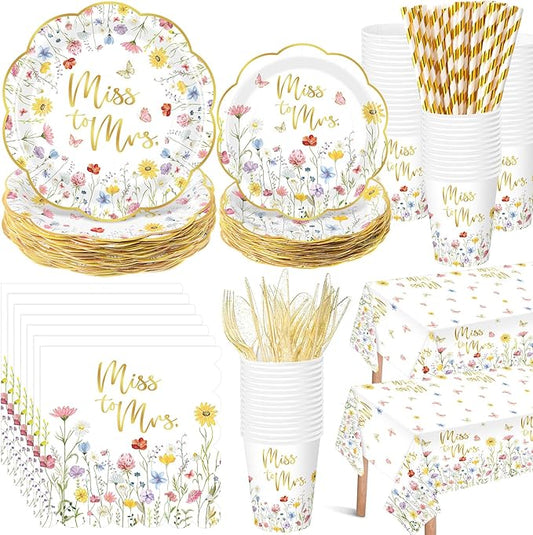 Funnymoom 452 Pcs Wildflower Bridal Shower Party Decorations for 50, Miss to Mrs Bridal Shower Paper Plates Napkins Cups Tablecloth Cutlery Straws for Love in Bloom Wedding Bachelorette Party Supplies
