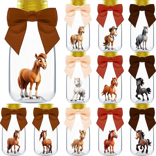 Ethisa Small 12 Pack Horse Party Favors - DIY Candy Jars with Ribbons and Stickers - Cowboy Party Decoration Bottles for Birthday, School Classroom, and Baby Shower - Horse Racing Table Centerpiece