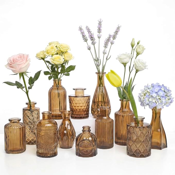 Mini Bud Vases Centerpieces for Tables,Clear Bud Vases for Flowers,Small Flower Vases Suitable for Birthday Party,Anniversary,Wedding Reception,Baby Shower (Amber, 12PCS)