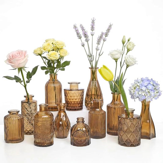 Mini Bud Vases Centerpieces for Tables,Clear Bud Vases for Flowers,Small Flower Vases Suitable for Birthday Party,Anniversary,Wedding Reception,Baby Shower (Amber, 12PCS)