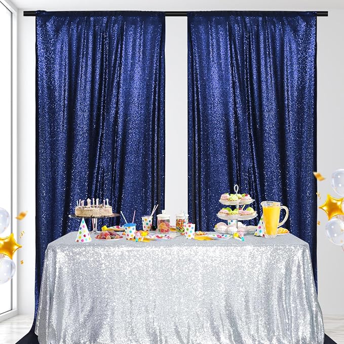 PartyDelight Navy Blue Sequin Backdrop Curtains 5x10ft 2 Panels | 3mm stitched sequin curtain with 4 inch rod pocket for 5x10ft wide reception wall head table stage backdrop and event display