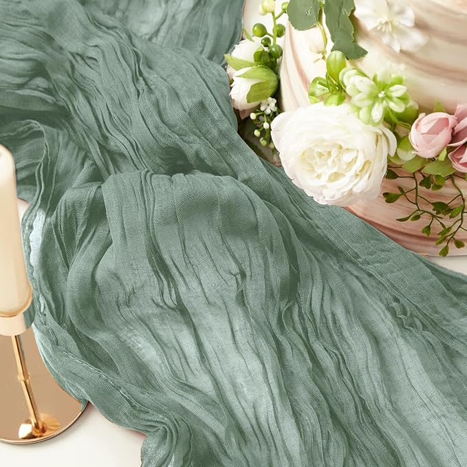 12 Pack Sage Green 10Ft Cheesecloth Table Runner 21x120 Inch Boho Wrinkled Sheer Romantic Gauze Decor for Wedding, Bridal Shower, Birthday Party