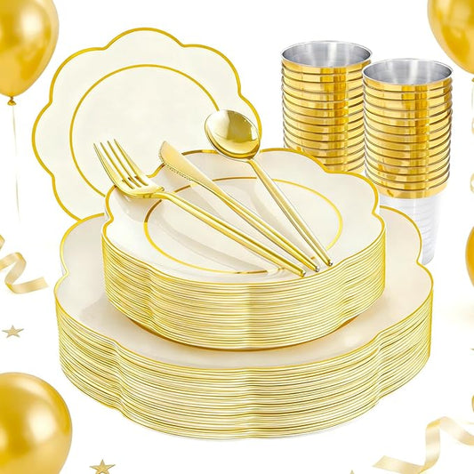 ejonirinjonir EI 180pcs Beige Plastic Plates with Gold Plastic Silverware,Heavy-Duty Disposable Plates for Party,White Dinnerware Set for 30 Guest Wedding,Afternoon Tea,Spring,Valentine's Day,Easter