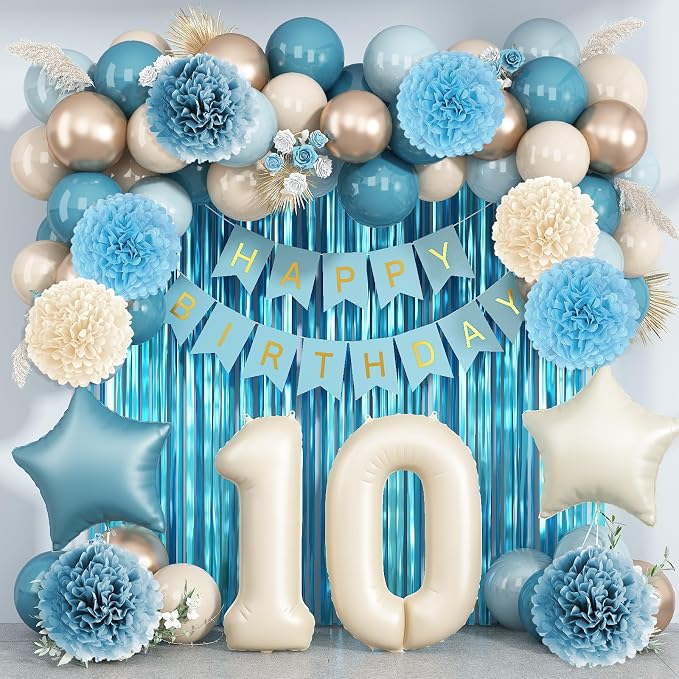 Dusty Blue 10th Birthday Party Decorations Boys Girls Beige Cream Number 10 Balloon with Blue Gold Happy Birthday Banner Fringe Curtain Paper Pom Poms Nude White Sand Champagne Star Foil Balloons