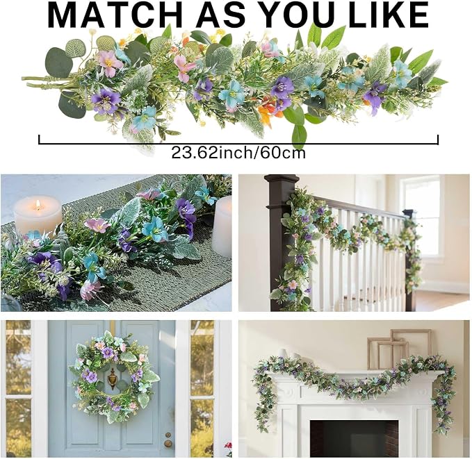MOYEE Summer Centerpieces for Tables Candle Ring, Black Metal Candlestick with an Artificial Wreaths 14 in Versatile Dining Table Centerpiece Decor (Blue and Purple Flower Wreath)