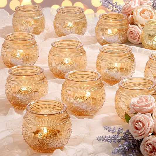 12 Pcs Gold Votive Candle Holders for Wedding Table Decor, Floral Style- Gold Centerpieces for Table, Bridal Shower, Birthday, Reception Party Decorations