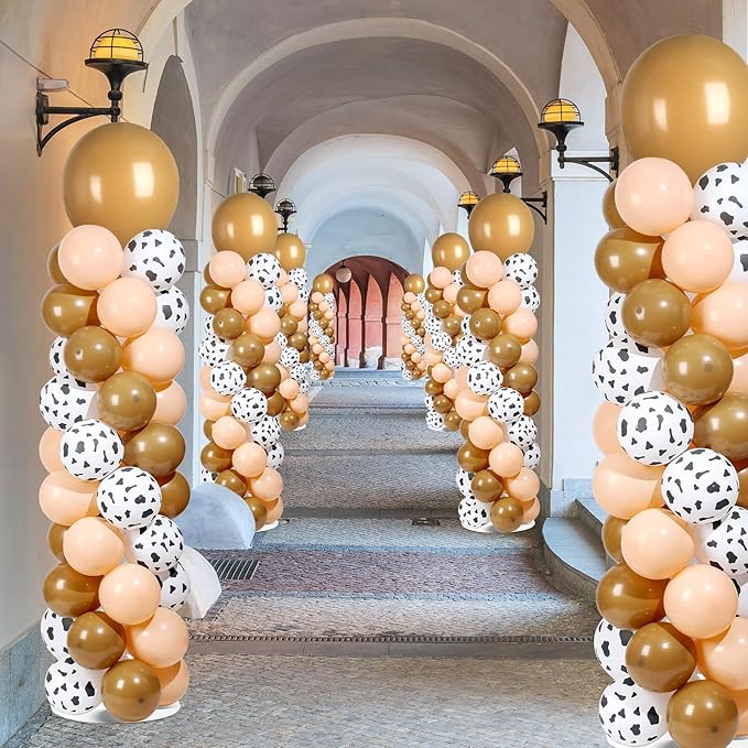 2 Sets Western Brown Cow Print Balloon Column Stand Kit with 102 Balloons Adjustable Balloon Tower Stand with Bases for Floor Cowboy Balloons Column Kit for Birthday Western Cowboy Party Decor
