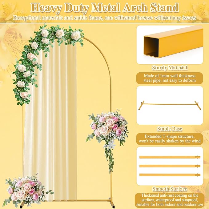 Jupwalz Arch Backdrop Stand and Cover Set, Metal Arch Stand with Rich Balloon Tool for Wedding Birthday Baby Shower Graduation Event Balloon Flowers Decor, Easy to Assemble (7.2FT, Beige)