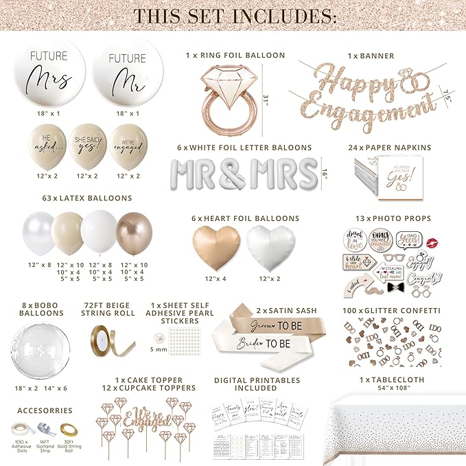 261 Pc Premium Engagement Party Decorations Kit – Elegant Mr. & Mrs. Wedding Balloons, Happy Engagement Banner, Diamond Ring White Gold Balloons, Cupcake Toppers – Classy Bride To Be Decor