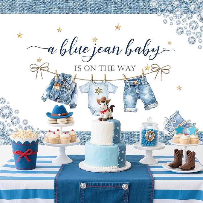 Baby Shower Backdrop A Blue Jean Baby is On The Way Denim Diamond Clothes Photography Background for Newborn Shower Party Decoration Cake Table Banner Supplies Photo Booth Studio Props 7x5ft