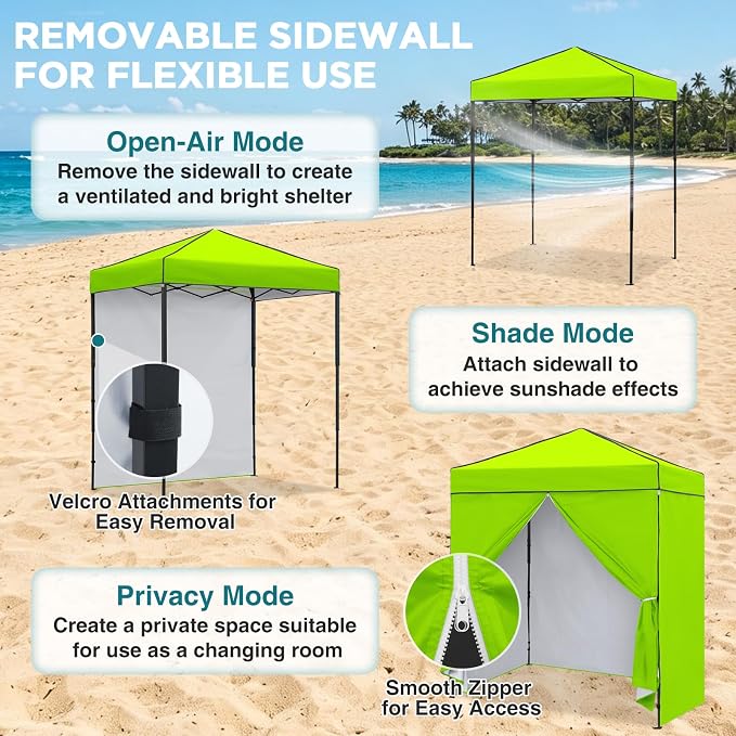 EAGLE PEAK 6x4 Instant Pop Up Canopy Tent with 4 Side Wall Panels, Straight Leg Sun Shelter, Portable Canopy with Carry Bag for Camping, Beach & Sports, Neon Green