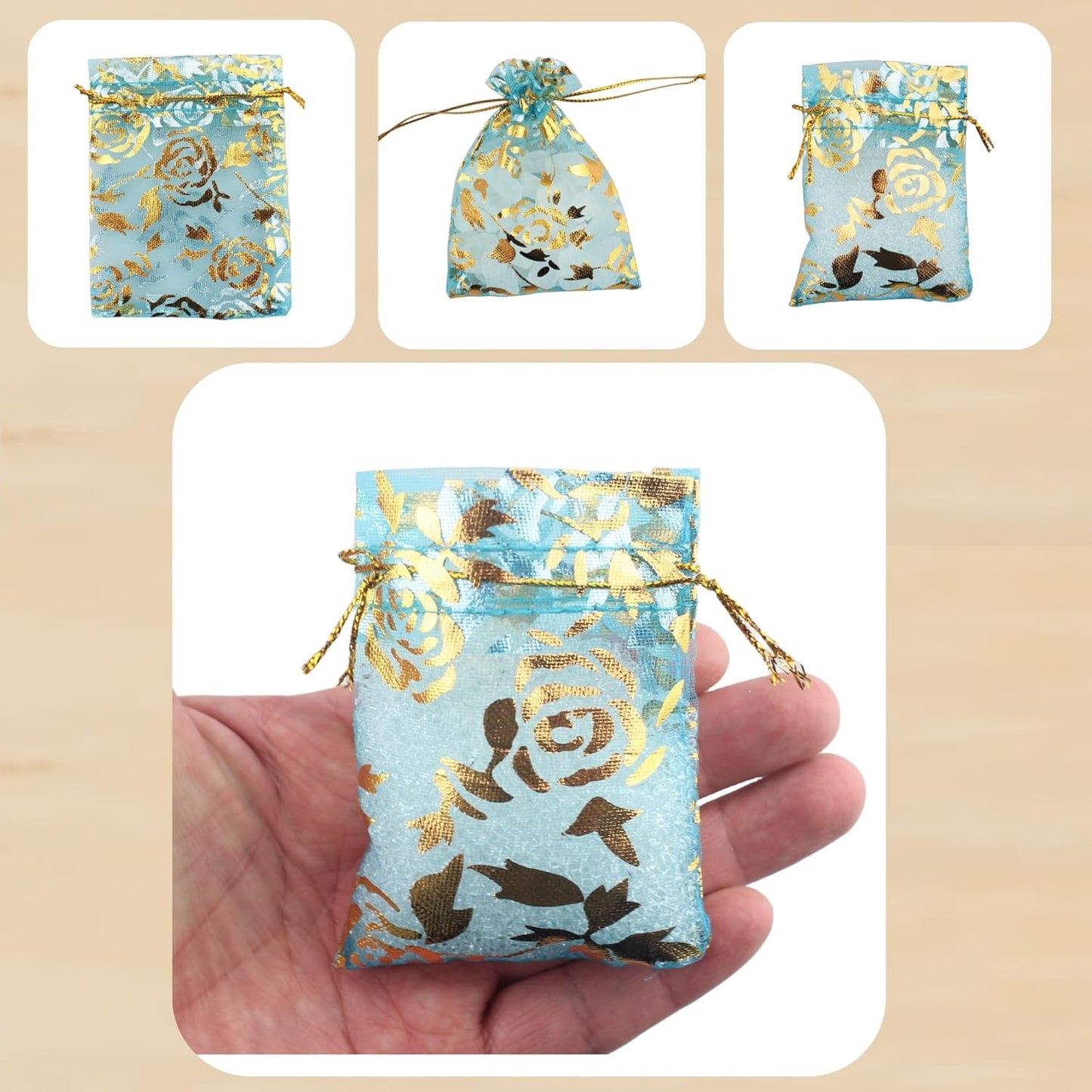 100 Pack 2.8 x 3.5 Inch Flower Heart Organza Jewelry Gift Pouch Candy Pouch Drawstring Wedding Favor Bags B511S (turquoise gold flower)