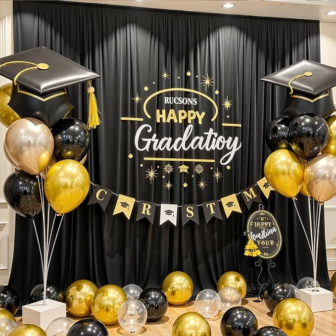 40ft x 10ft Wrinkle Free Black Backdrop Curtain for Parties, 8 Panels Silky Polyester Black Wedding Drapes for Backdrop 10 ft Photo Back Drop Cloth for Birthday Graduation Photography Background